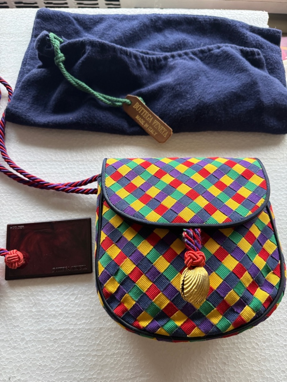 Vintage Bottega Veneta woven grosgrian ribbon colorful small flap bag with cord - Picture 2 of 13